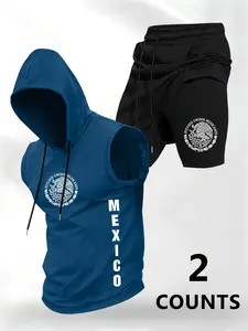 Summer Best-Selling Mexican Badge Hooded Sleeveless Vest Top + Drawstring Waist Fake Two-Piece Shorts Set, Fashion Casual Flag Print