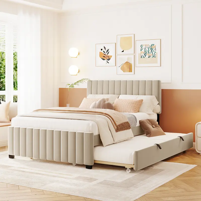 Full size Bed Frame with Trundle Bed, Velvet Upholstered Full Platform Bed Frame, Full Bed Frame with Headboard (Beige)