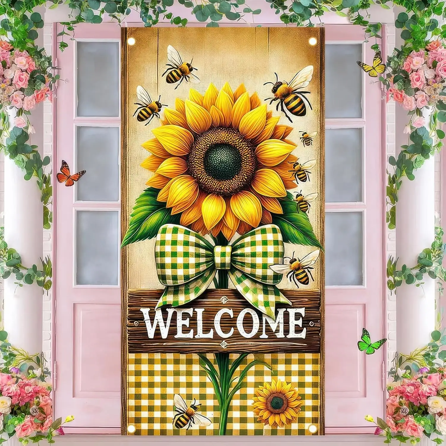 2D Flat Door Banner 1pc, Spring Sunflower Door Cover, Welcome Spring Decorations, Theme Party Photo Background, Bee Flower Bow Backdrop