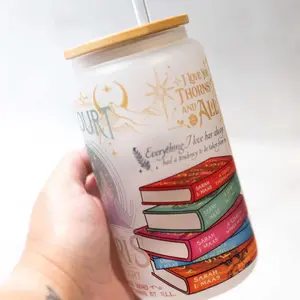 SJM Books 16oz Glass Cup with Lid and Straw, Sarah J Maas, City of Starlight, Acortar, Rhysand Feyre Darling Glass Tumbler, Gift For Bookish