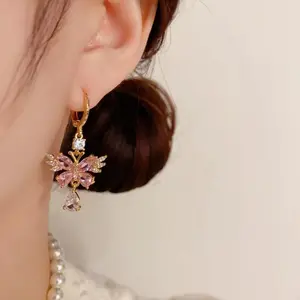 LisiZen Spring Fashion Fresh Pink Butterfly Hanging Zircon Water Drop Earrings for Women Exquisite Light Luxury Versatile High-End Ear Buckle Earrings DZEH5348