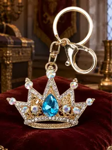 Armored Kingdom Aqua Blue Crown-Shaped Keychain with Shimmering Gems - Lightweight Clip Fashion Accessory, Keychain Bag Pendant for Handbag, Backpack Use