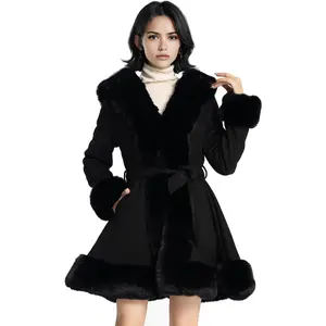 Winter Faux Fur Coats Long Sleeve Furry Trim Peplum Parka Coat with Belt