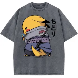 Pikachu Pocket Monsters Vintage Washed T-Shirt, Ninja Anime Inspired Electric Mouse Graphic Streetwear Design, Gift for Anime and Gaming Fans