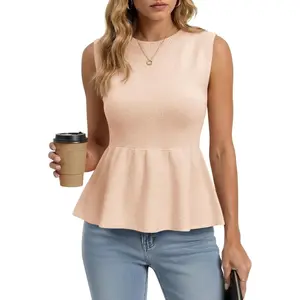 Saodimallsu Womens Sleeveless Babydoll Tank Tops Peplum Ruffle Crew Neck Ribbed Knit Summer Trendy Sweater Vest