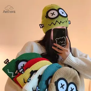Cute Funny Cartoon Knit Beanie for Women, Fall Winter Warm Thermal Knitted Hat, Windproof Cold Protection Skullcap, Fashion Face Slimming Design for Daily Outdoor & Cold Weather Wear