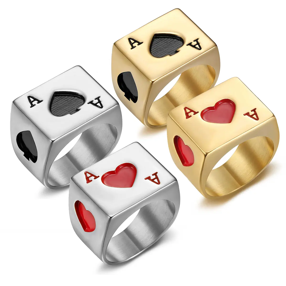 Men's Stainless Steel Poker Card Ring - Spade A, Heart A, Diamond A Designs - Simple Fashionable Creative Hip-Hop Style Stacking Heart Sign Alternative Artistic Metal Accent Playful Style Ring for Daily Casual Wear, Holiday Parties, Stacking Rings, Heart