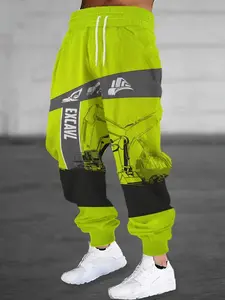 Men's Athletic Pants with Excavator Pattern, Yellow Casual Pants with Construction Machinery Print, Yellow-green Printed Trousers