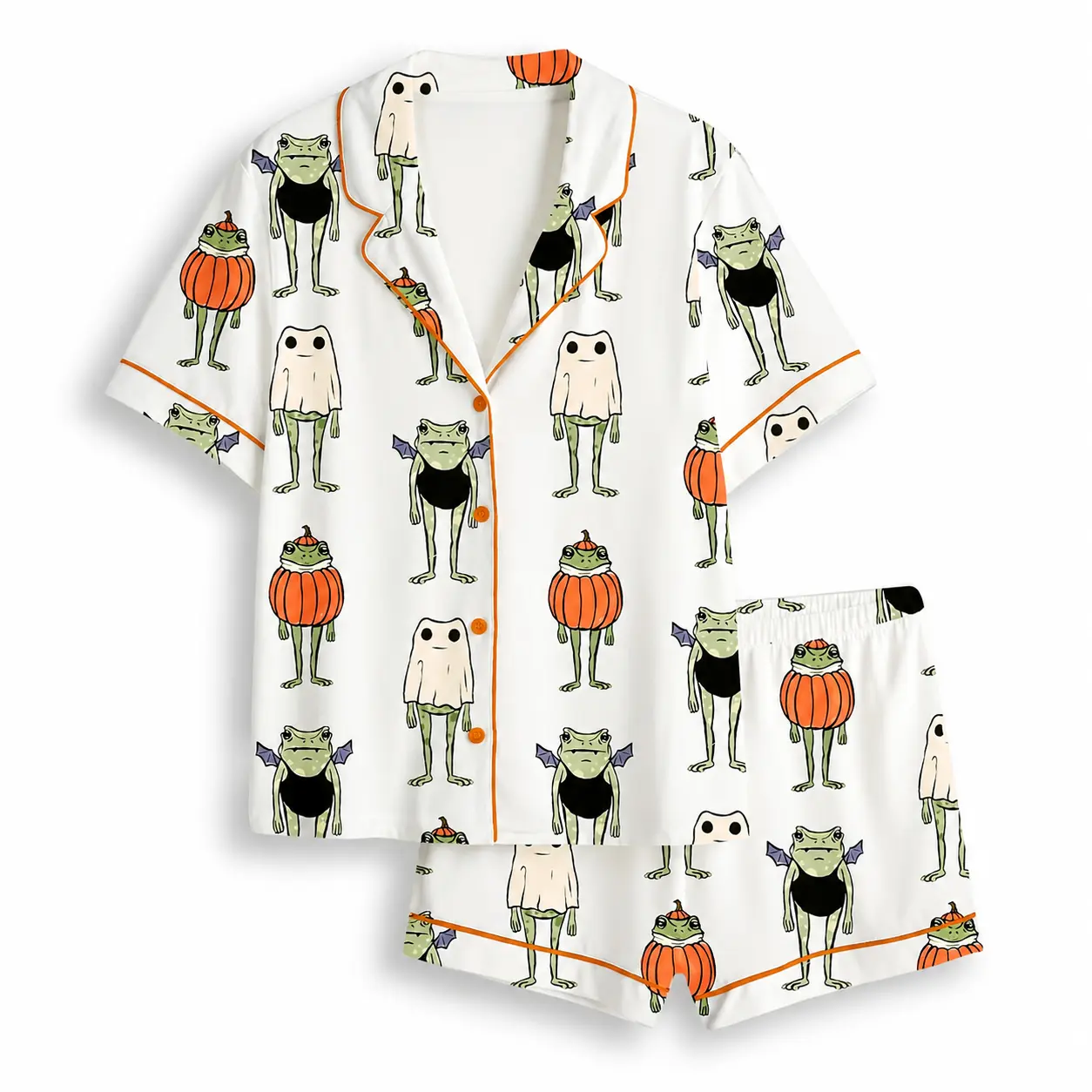 Halloween Frog Pajama Set for Women, Cute Ghost & Pumpkin Frog Sleepwear