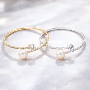 Pearl & Cubic Zirconia Elastic Bangle Dainty Gold Silver Bracelet for Bridal Daily Wear Stackable Jewelry Accessories for Women Valentines&birthday Boujee Gifts for gf