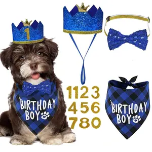 Dog Birthday Party Supplies Set, Dog Hat Scarf & Bow Tie Accessories, Blue Small Pet Costume Accessories, Perfect for Dog Birthdays