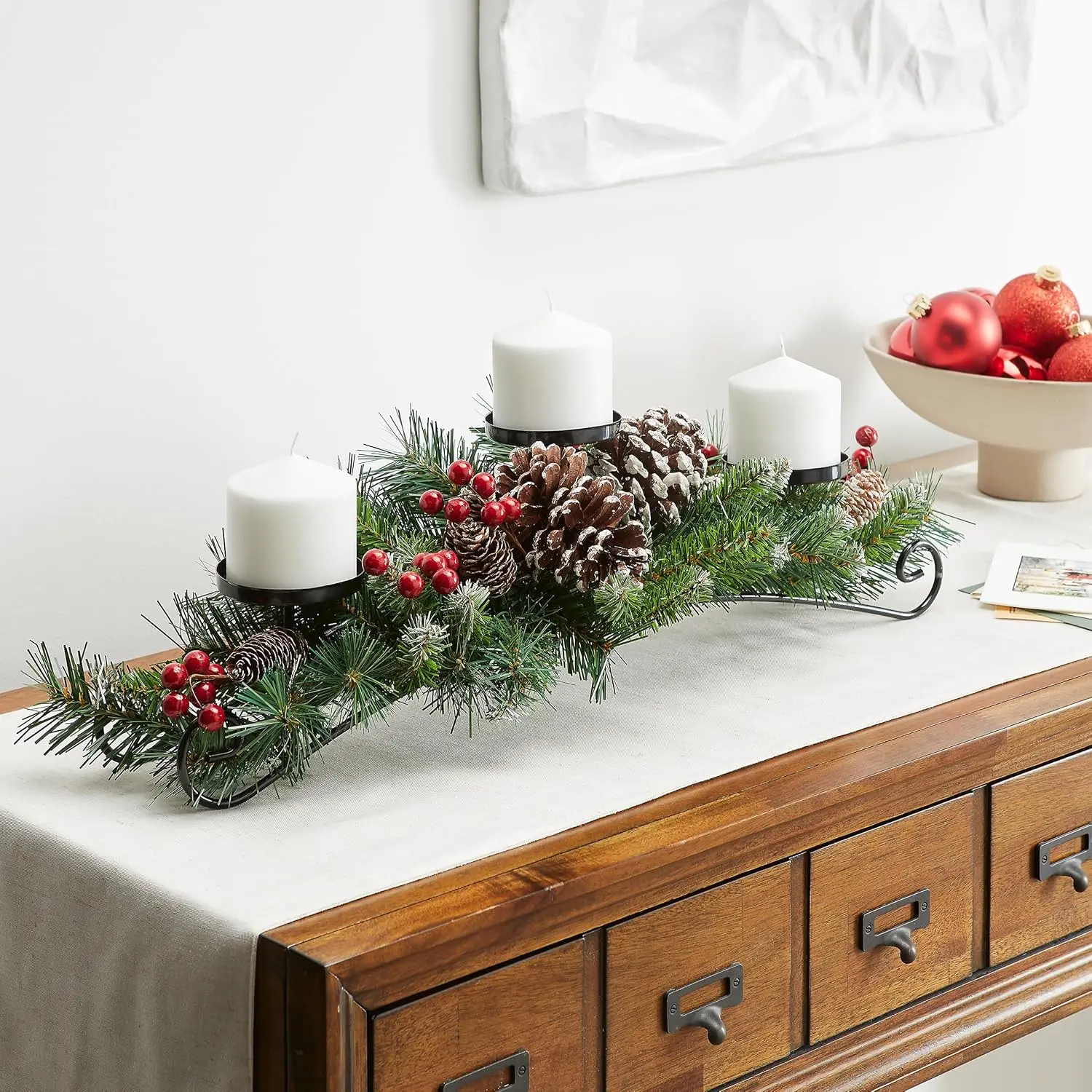 Artificial Christmas Centerpiece | Includes 3 Candle Holders, Red Berries, Ornaments Decor Decoration