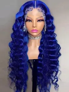 Deep Curly Blue 13x4 Front Lace Fiber Wig, Daily Party Vacation Women Synthetic Lace Net Wig, 28 Inch Long Wavy Hair