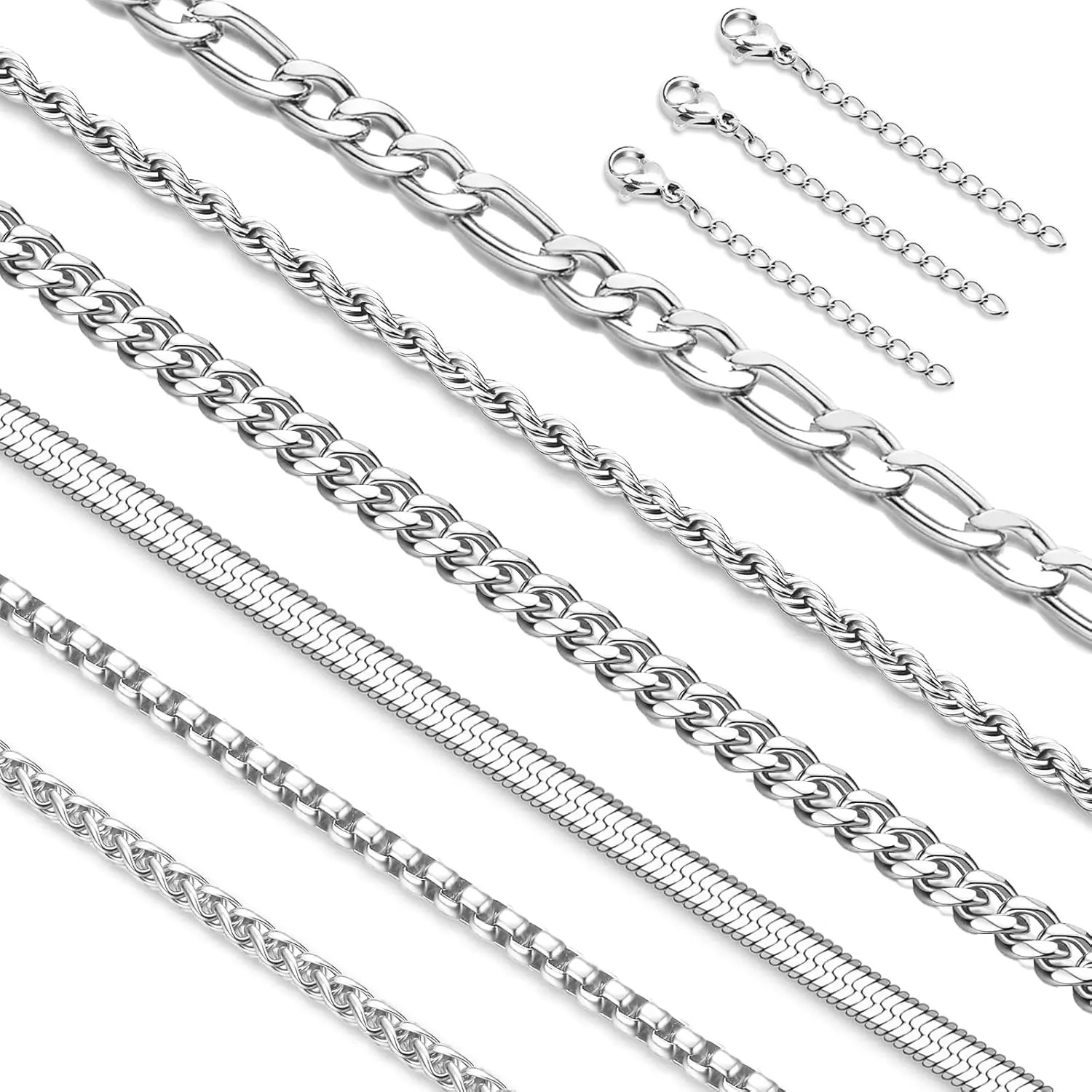Milacolato Women's Non Tarnish Multilayer Stainless Steel Necklace Set - 6Pcs Multi-Size Cuban Link, Rope, Box, Figaro, Herringbone, Wheat Chains (16-24In) Daily Wear, Pendant Compatible, Non Tarnish Necklace, Multilayer Necklace
