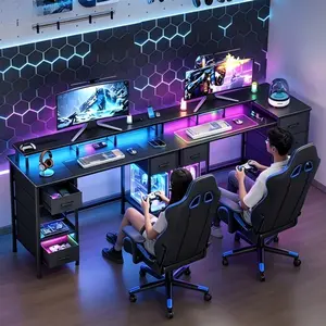 47-Inch Gaming Desk with Power Outlets and LED Lights, Reversible Design with 5 Fabric Storage Drawers, Home Office Desk with Monitor Stand for Working, Writing & Studying – Black Finish