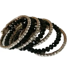 Faceted Black Stone & Crystal Stack Stretch Bracelet - Stylish Design for Adults, Easy to Wear, Excellent Condition