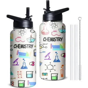 32 oz Insulated Stainless Steel Thermal Water Bottle - Lightweight, Stylish, Portable Tumbler with Printed Design, Straws, Flip Lid, Vacuum Insulation for Women, Chemistry Teacher Appreciation Gift, Flasks, Bottled Drinkware