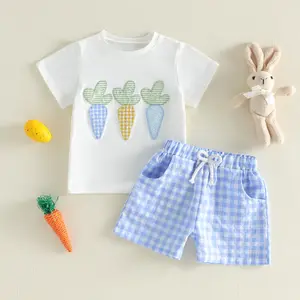 Imcute Toddler Baby Little Boys Easter Outfits Carrot Patch Embroidered Short Sleeve Tops with Plaid Shorts 2 Pcs Set 3M-3Y