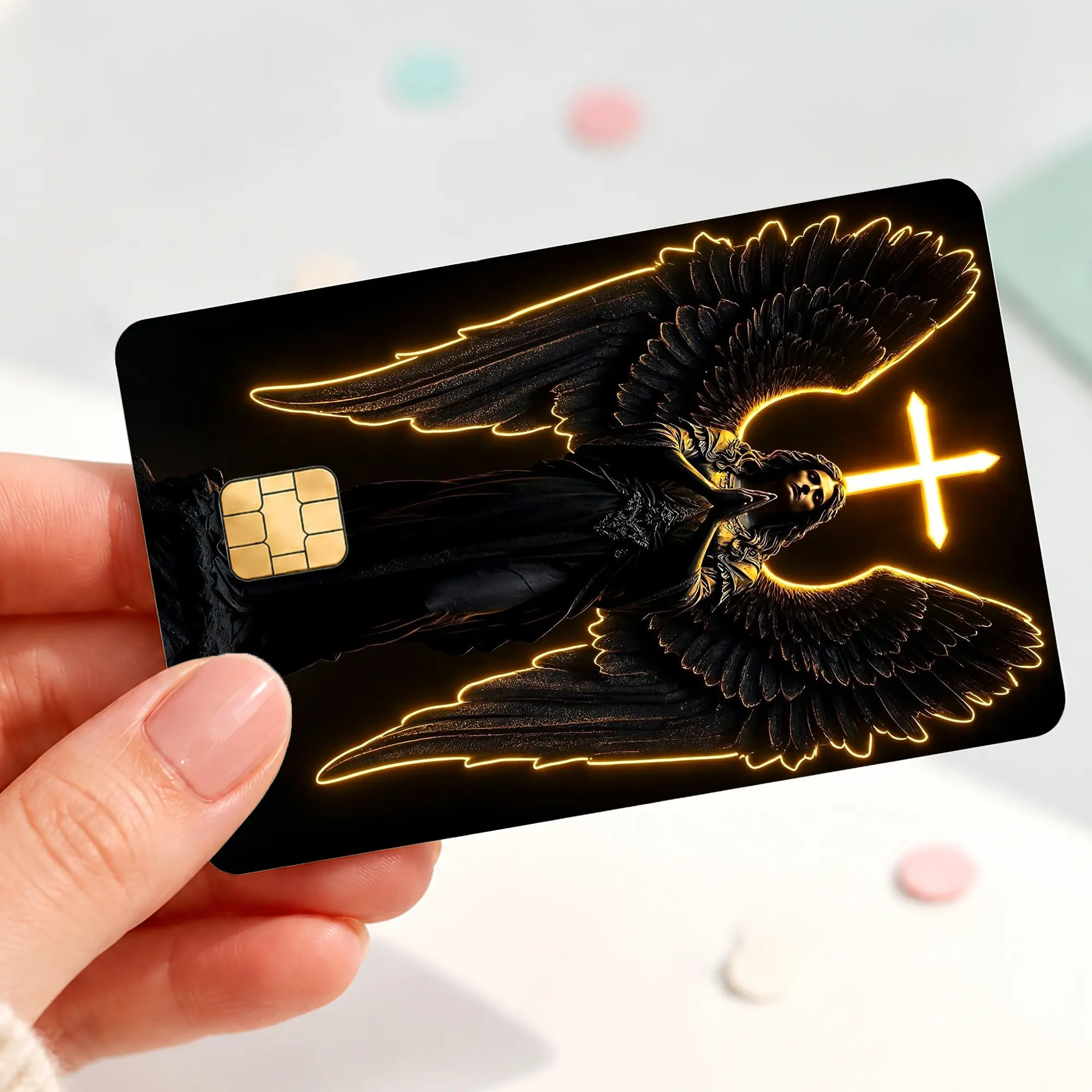 Praying Black Angel Credit Card Skin Sticker, Glowing Cross Gothic Debit Card Cover, Dark Christian Bank Card Decal, Guardian Angel Faith Card Wrap Gift
