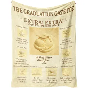 Graduation Blanket, 60x50 Soft Flannel Throw, Newspaper-Style Keepsake Gift for Her or Him, Retro Newsprint Aesthetic, Dorm Send-Off, Beige-Gold Inspirational Quotes