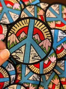 Peace Sign Mountains, peace iron on patch, peace sign patch, peace trucker hat patch, trendy hat patch, peace sign nature patch