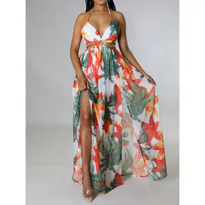 Floral Print Backless Side Slit Halter Dress