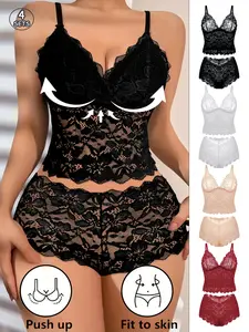 4 Pack Sexy Lace Bra Set, Wireless Push Up Floral Pattern, Comfortable Breathable Unlined Underwear, All Seasons Wear