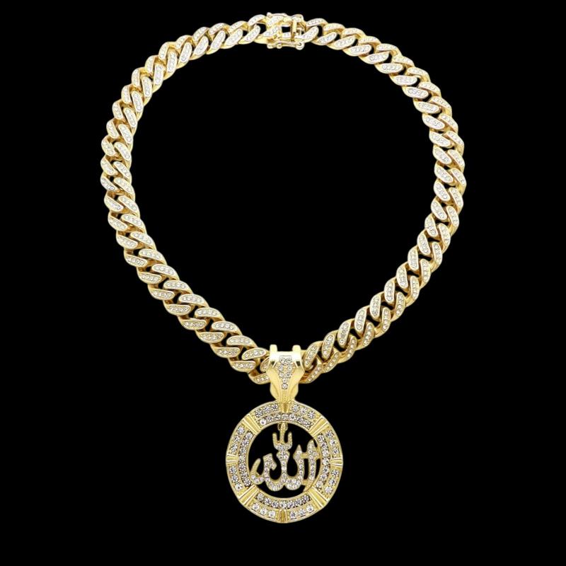 Men's Allah Muslim Religious Medal Gold Plated Pendant 13mm 18" 20" 24" Iced CZ Cuban Chain Necklace Hip Hop Style Fashion Jewelry