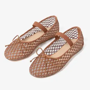 CELNEPHO Mesh Ballet Flats for Women Ballerina Raffia Mesh Shoes Round Toe Mary Jane Flats Fishnet Buckle Strap Sandals Casual Work Wear Gift Dress Shoes