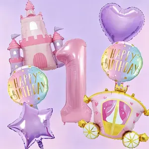 Princess Castle Birthday Balloon Set, 32-Inch Pearl Color Number Balloons, Castle and Car Shapes, 18-Inch Star Heart Balloons