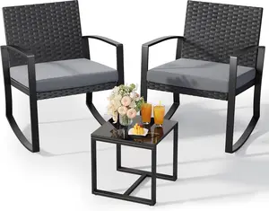 Gizoon 3 Pieces Patio Furniture Set Rocking Bistro Set Outdoor Rattan Conversation with Coffee Table for Garden Balcony Backyard Poolside (Grey Cushion) Ergonomic
