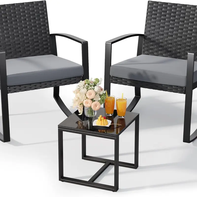 GIZOON 3 Pieces Patio Furniture Set Rocking Bistro Set Outdoor Rattan Conversation with Coffee Table for Garden Balcony Backyard Poolside (Grey Cushion) GIZOON 3 Pieces Patio Furniture Set Rocking Bistro Set Outdoor Rattan Conversation with Coffee Table for Garden Balcony Backyard Poolside (Grey Cushion)
