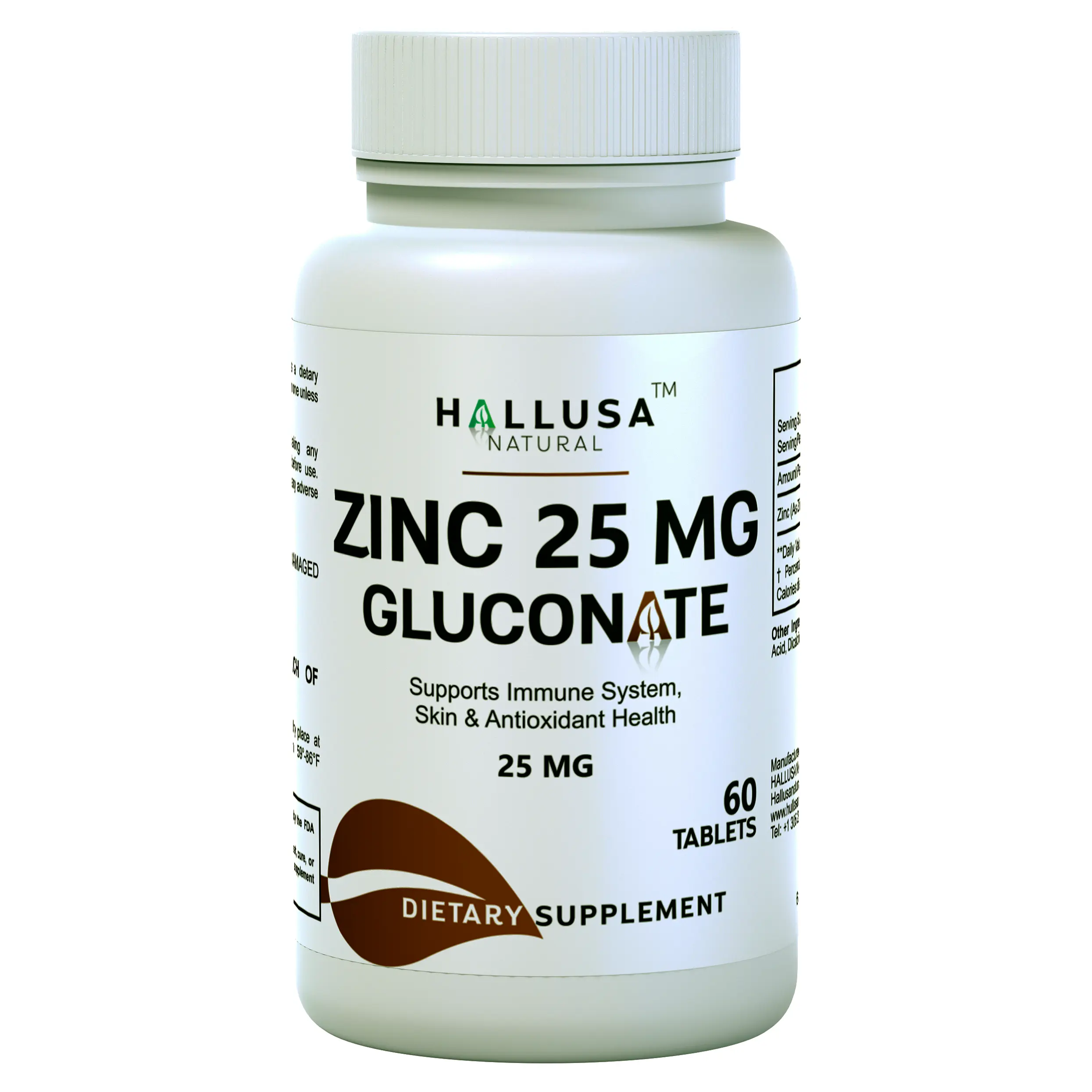 Hallusa Natural Zinc 25 MG Gluconate Natural Supplements 60 Tablets - Organic Vegan Gluten-Free Healthcare Wellness Mineral, Immunity Defense, Antioxidant Support, Skin Health, Healthy Gut Probiotics