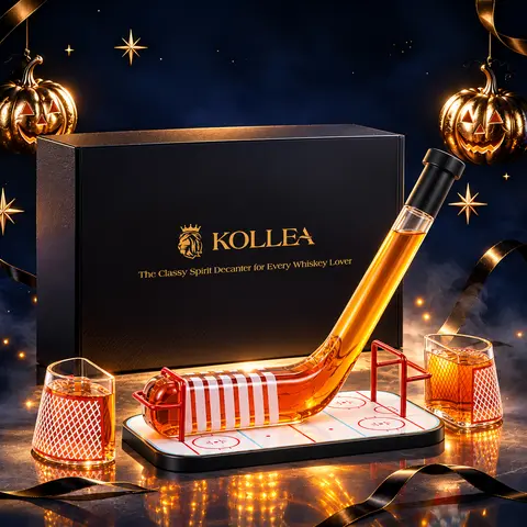 Kollea Ice Hockey Glass Whiskey Bottle with 2 Goal Glasses,Hockey Stick Bottle&Rink Base,with Luxury Gift Box,Glass Craft,Halloween Party Decor,Party,Anniversary&Birthday Sporty style Gifts for Men,Husband,Coach,Decanter Set Bar accessories, soho chic gif