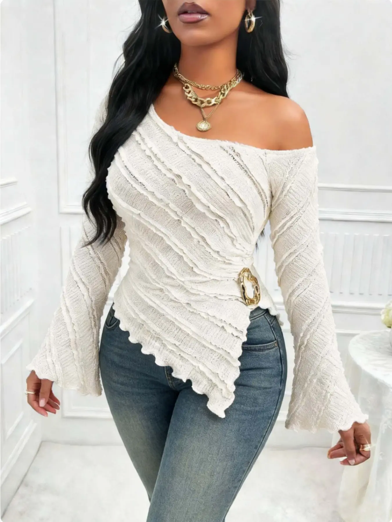 Women's Elegant Chic Casual Womenswear Commuter Travel Shirt, Blouse Shirts, Blouse, Top, Fitted, Textured Fabric, Asymmetric Hem, Flare Sleeves, Long Sleeve, Side Metal Decor, Spring & Fall Fashion, Elegance
