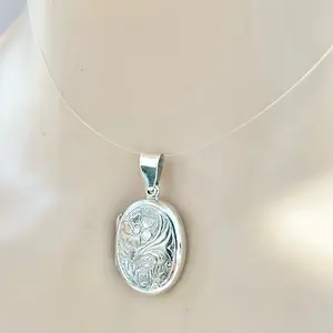 Sterling Silver 925 Engraved Flower Oval Locket Pendant Charm