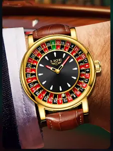 Men's Fashion Leather Strap Watch with Round Dial, Russian Roulette Game Pattern, Interactive Quartz Movement, Advanced Waterproof Technology