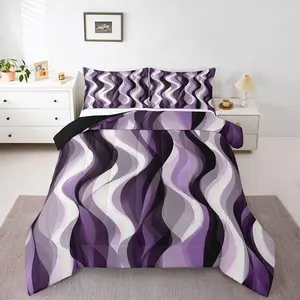 Violet Purple Modern Abstract Bedding,Graffiti Geometric Striped Comforter Set for Minimalist,Contemporary Lines Duvet Insert