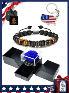 Men's Tiger Eye Bracelet Set with Blue Rose Gift Box, American Flag Keychain, Father's Day Gift, Independence Day Souvenir