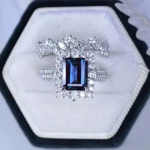 2Ct Alexandrite Engagement Ring Halo Emerald Cut Alexandrite Engagement Ring, 8x6mm Step Cut Alexandrite Engagement Ring with Eternity Band
