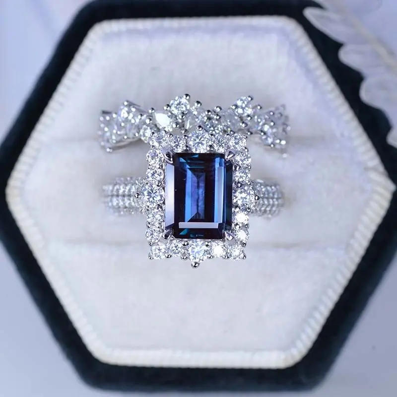 2Ct Alexandrite Engagement Ring Halo Emerald Cut Alexandrite Engagement Ring, 8x6mm Step Cut Alexandrite Engagement Ring with Eternity Band