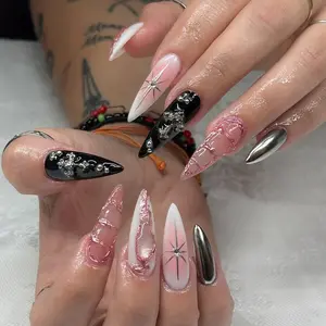 Gothic Glam Stiletto Press On Nails | Black & Chrome Accents | Pink Marble 3D Swirls | Rhinestones And Starburst Details
