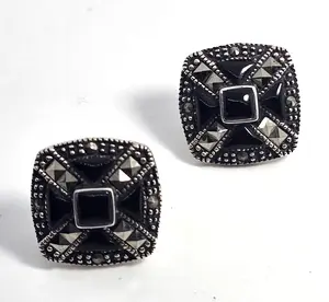 Black onyx and marcasite pyramid sterling silver square vintage post earrings