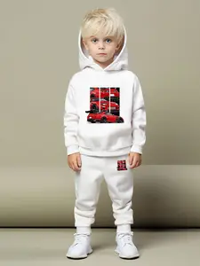 Boys' Casual Fashion Two-Piece Set, Cartoon Racing Car Print Hooded Long Sleeve Pants, Fitted All Seasons