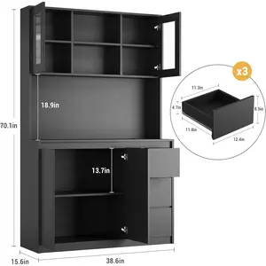 Adjustable Kitchen Storage Hutch with Microwave Shelf Led Lights and Charging Station