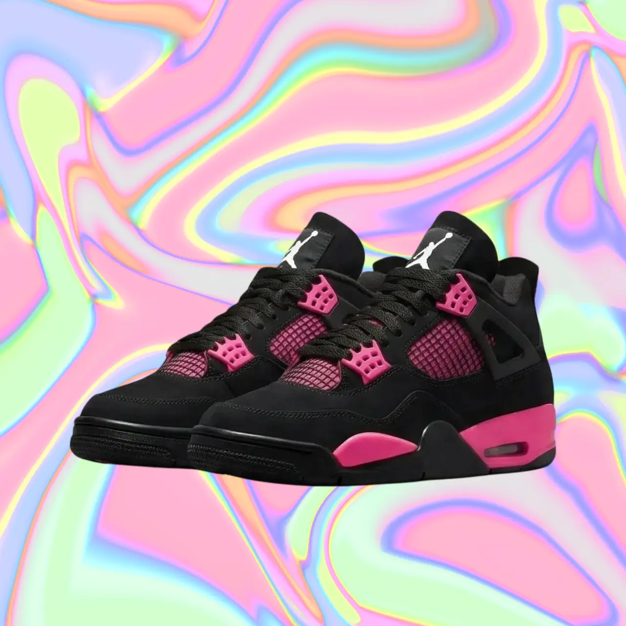 Hot pink accented black suede high street sneaker breathable grid mesh panel segmented air midsole durable rubber outsole lace basketball shoe
