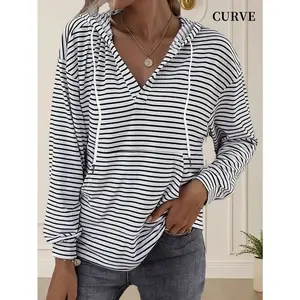 Plus Size Women's Striped Printed Drawstring Hooded Long Sleeved Sweatshirt