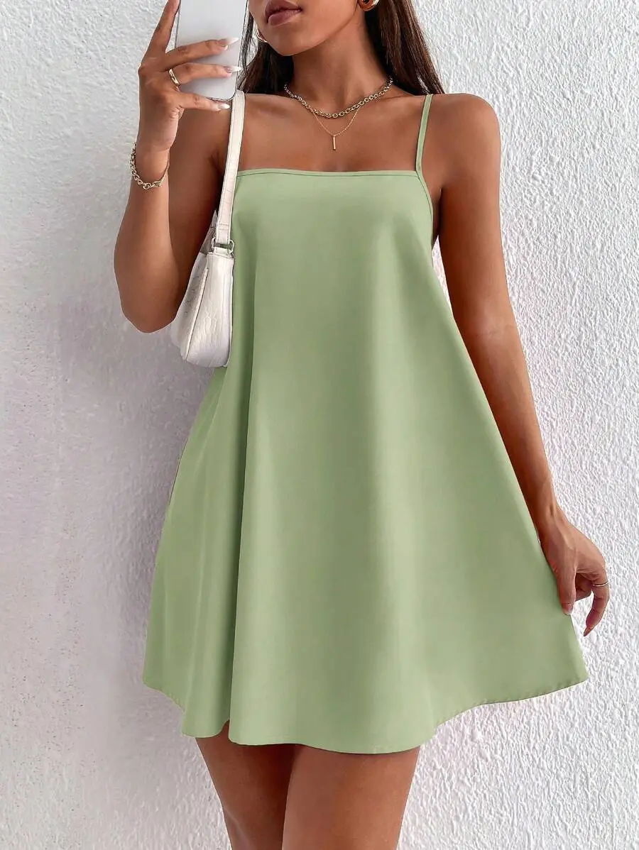 Summer Casual Solid Color Spaghetti Strap Mini Dress,Bohemia,Summer Dresses For Women ,Petite Women