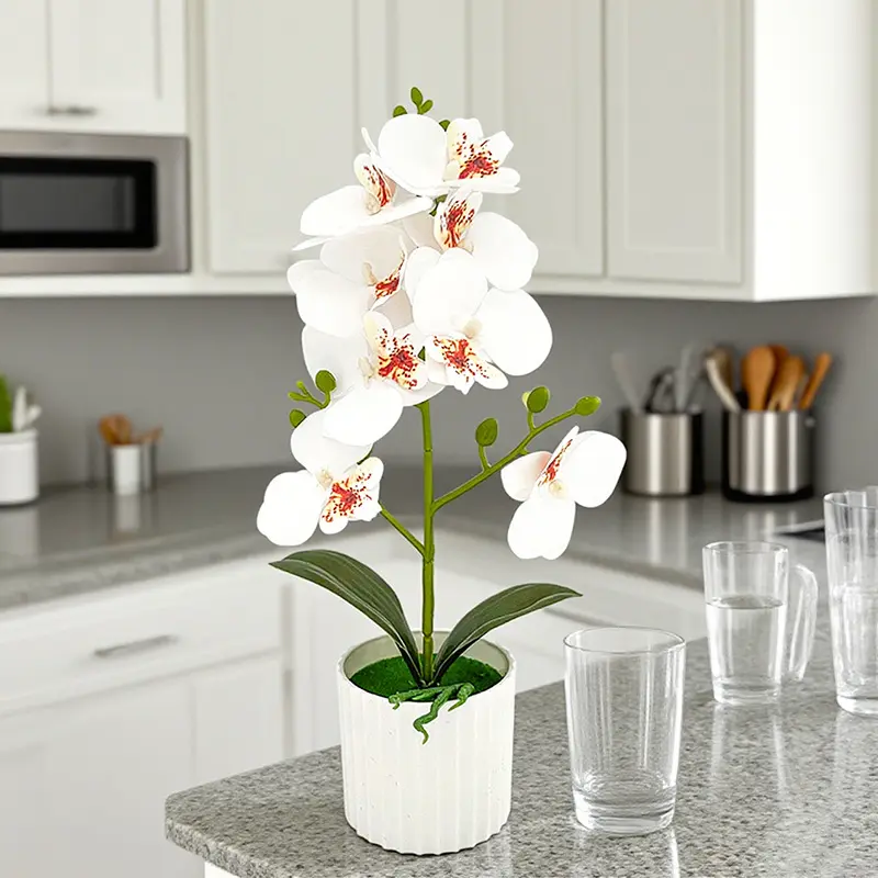 Artificial Orchid Potted Plant, Artificial Orchid Flowers Potted Plant,Orchid Wedding Fake Flower Set Ornament Decoration,Orchids Bonsai Artificial Plant Arrangement, Silk Plants for Table Living Room, Floral Kitchen Decor, Faux Flower Decoration