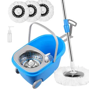 Spin Mop and Bucket with Wringer Set, 3 Washable Microfiber Pads Included for Floor Cleaning, Adjustable Stainless Steel Handle, Easy Moving on Wheels